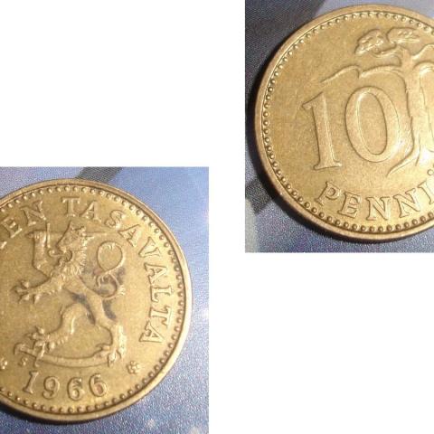 troc de  2)1 Monnaie Finlande Suomen Tasavalta 10 PENNIÄ de 1966, sur mytroc