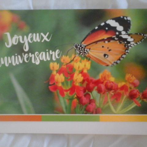 troc de  Carte Joyeux Annivervsaire papillon butinant sur fleurs  & son en, sur mytroc