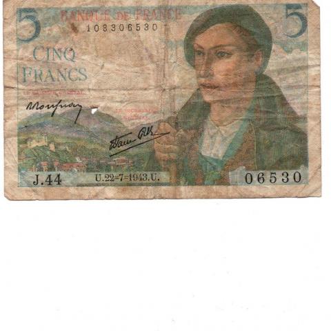 troc de  "reservé" Billet 5 francs  berger  1943 -N°06530, sur mytroc