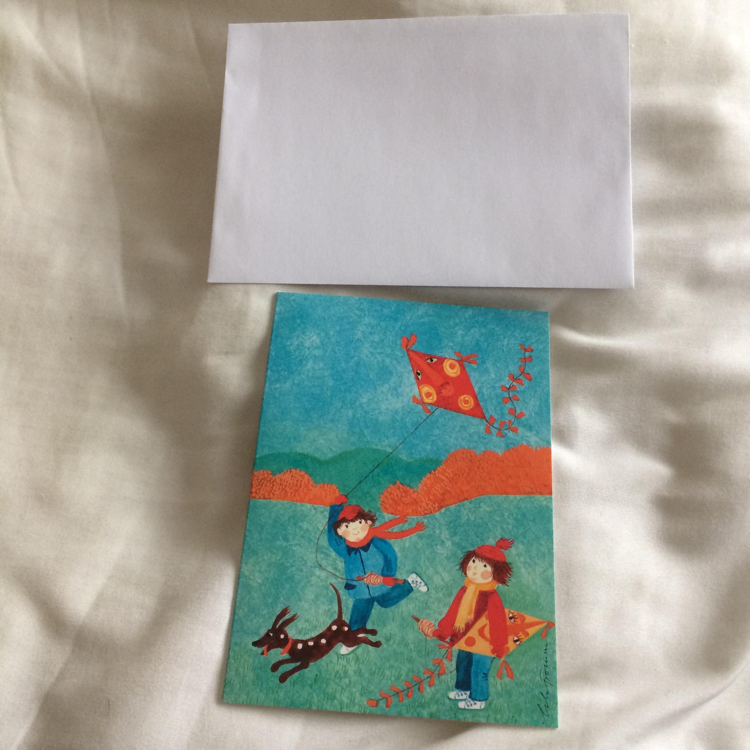 troc de troc carte dessin enfants avec chien & cerf-volant + son enveloppe image 1