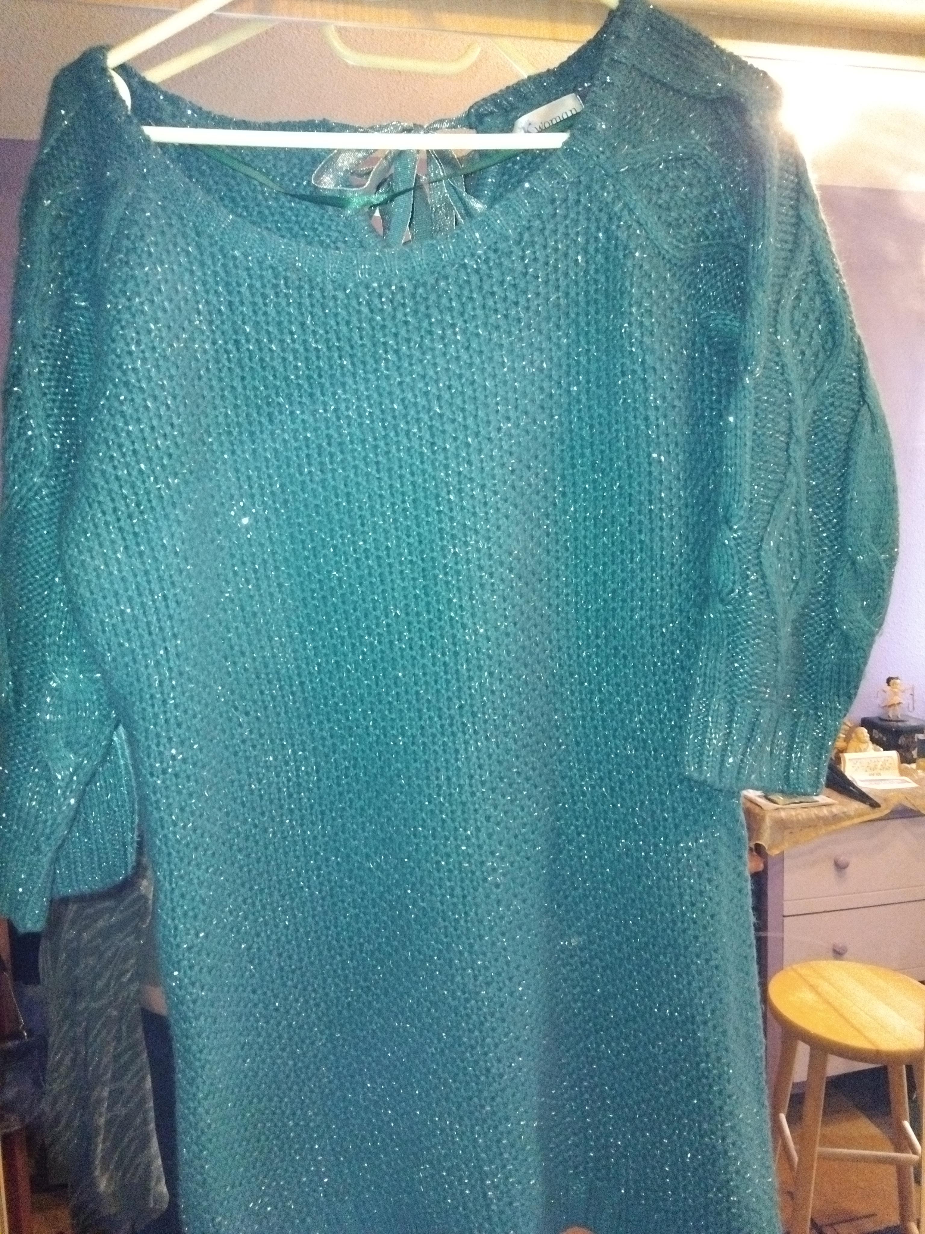 troc de troc pull xl neuf long laine emeraude doré torsadé image 0