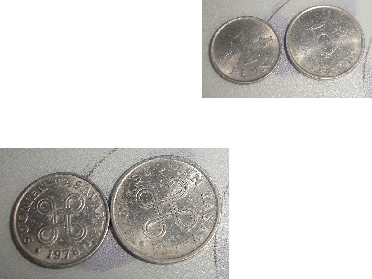 troc de troc 1 lot de 2 monnaies 1 penni & 5 penniÄ soit 1978 ou 1979 de suomen finlande image 0