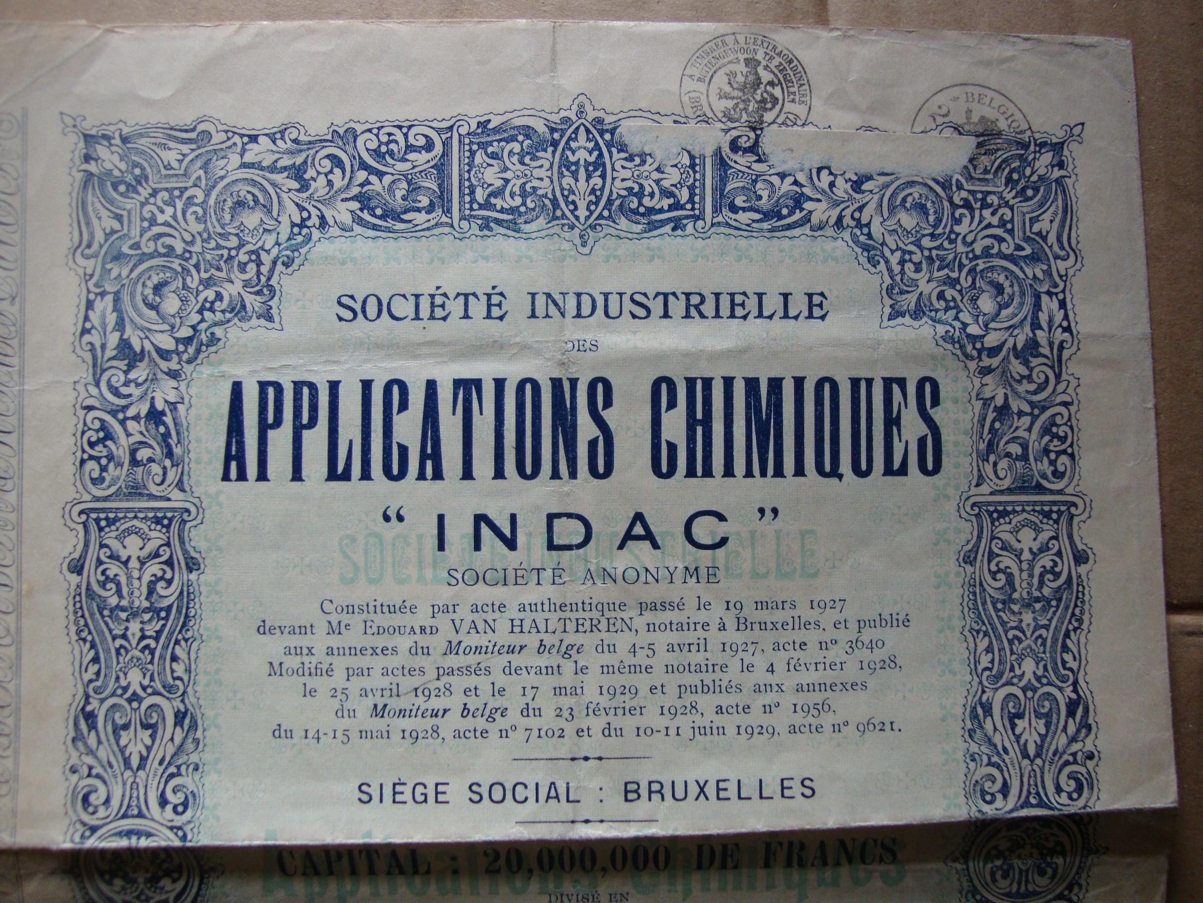 troc de troc ancien titre belge " societe industrielle applications chimiques" image 1