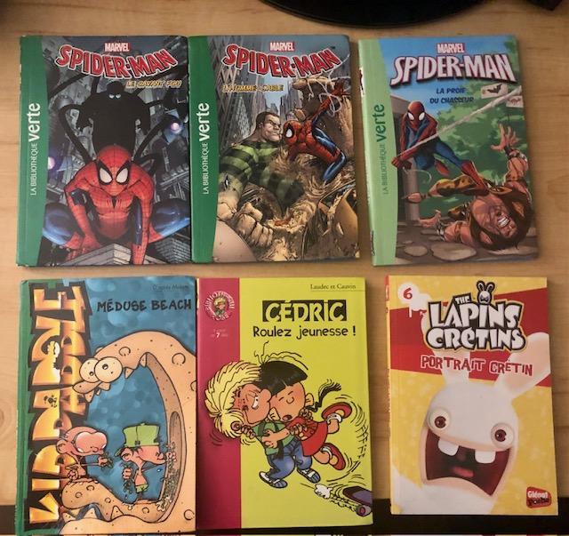 troc de troc lot 6 livres poche lecture jeunesse - spiderman - cédric - lapins crétins - kid paddle image 0